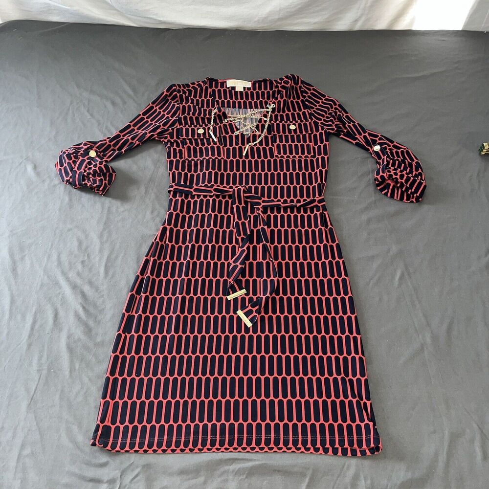 Michael Kors Coral Rose Red Blue Dress Gold Chain Accent - Picture 5 of 9